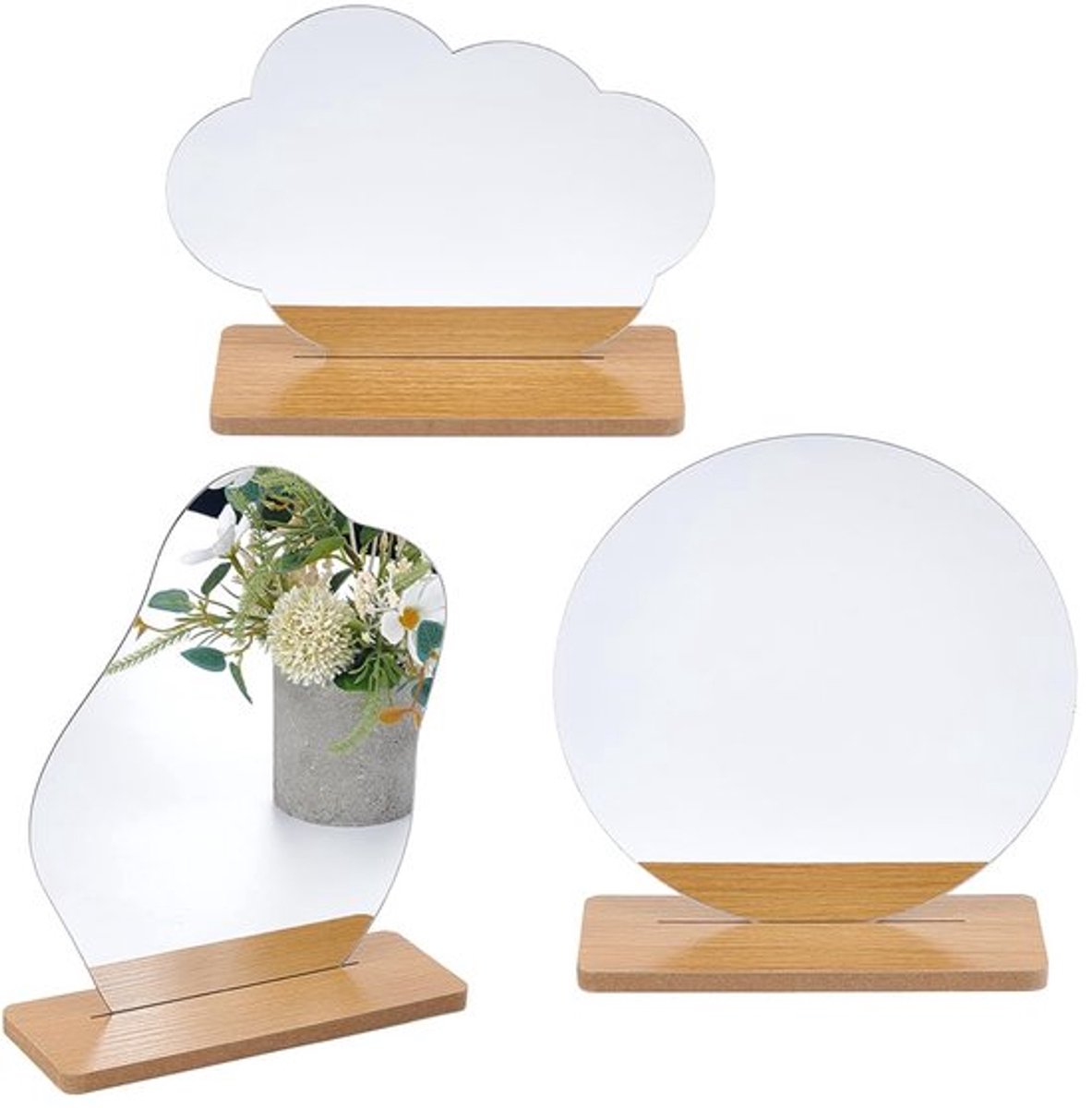 3 stuks 3 stijlen esthetische make-upspiegel frameloos, acrylspiegel met houten standaard frameloze make-upspiegel voor slaapkamer, woonkamer en minimalistische ruimtes kamerdecoratie