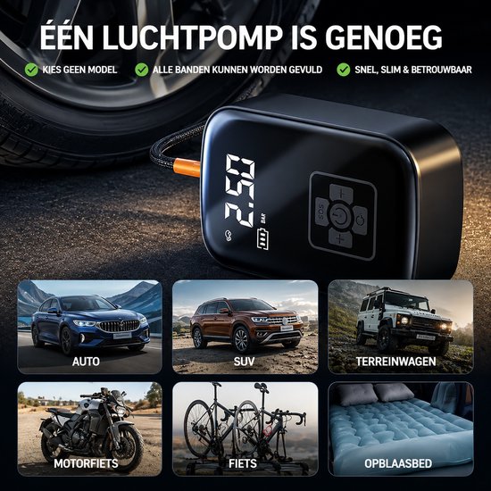 Draadloze Bandenpomp – Elektrische Luchtpomp met Digitale Bandenspanningsmeter – Auto Stop – LED – Voor Auto, Fiets & Motor — afbeelding 2