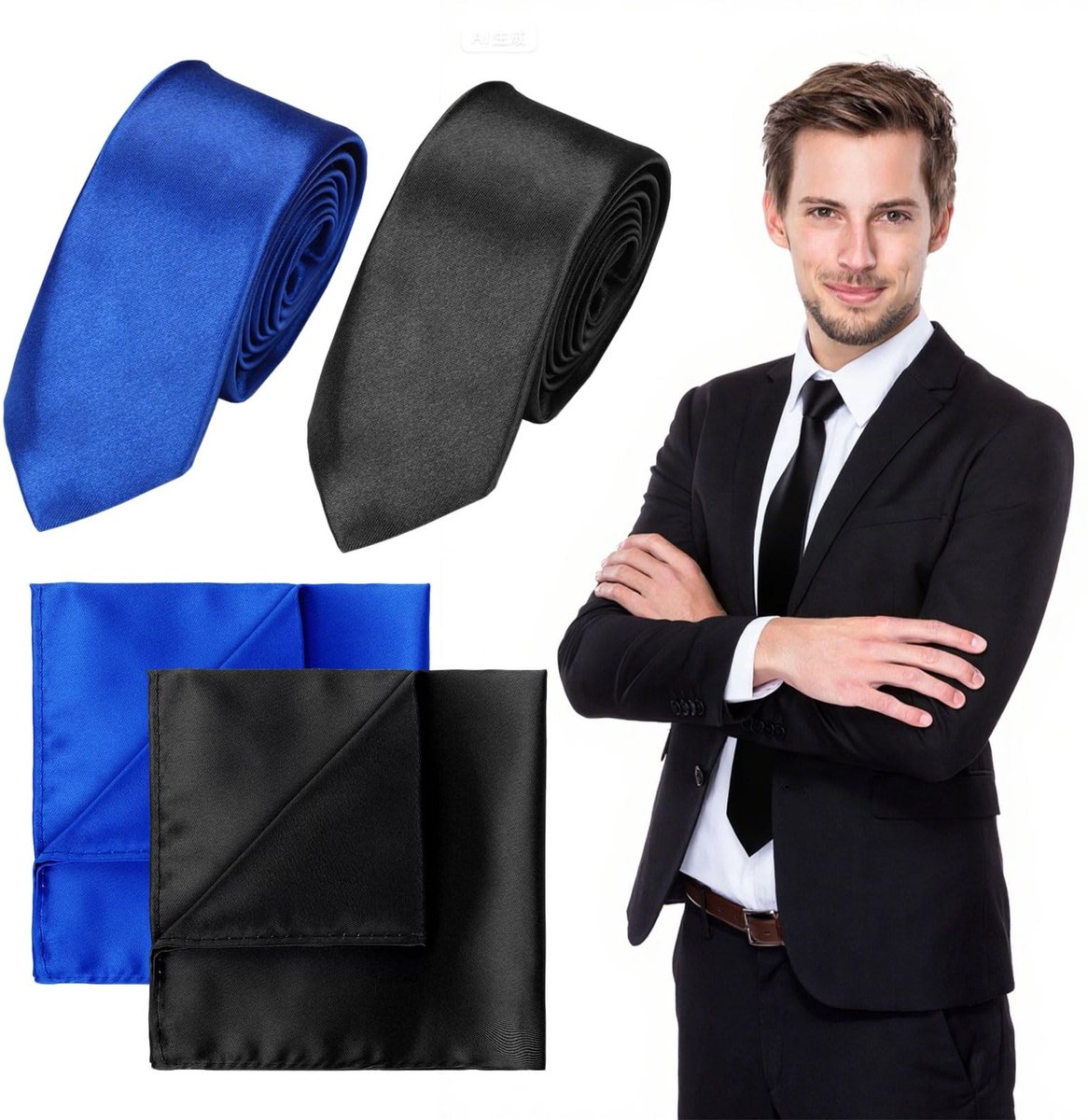 Solidchoice - Set van 4 Mannen Dassen en Zakdoeken in Zwart en Blauw