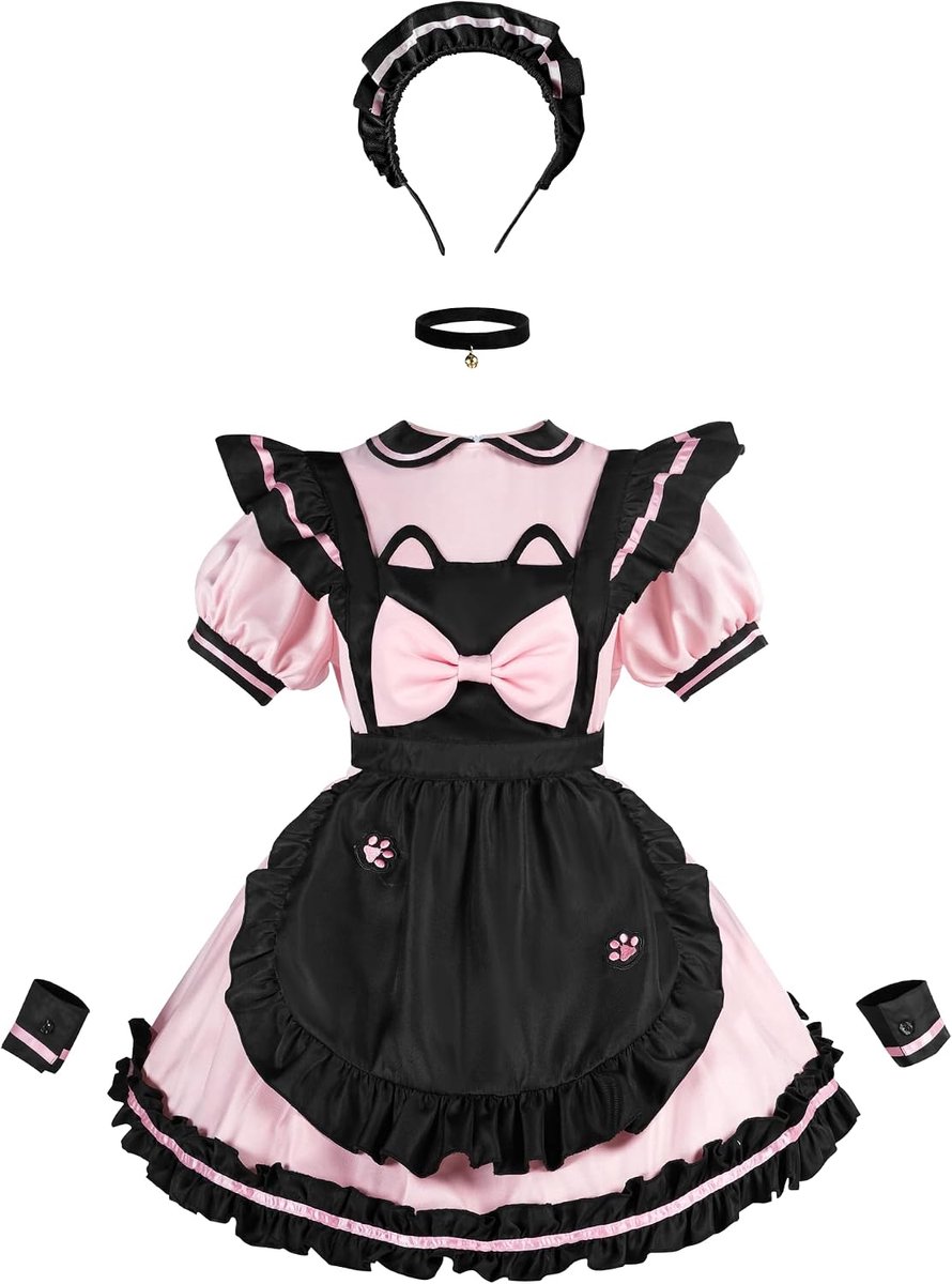 French Maid Kostuum Roze 6-delig - Schort met Poot Borduursel - Perfect voor Cosplay en Halloween - ShopVlot