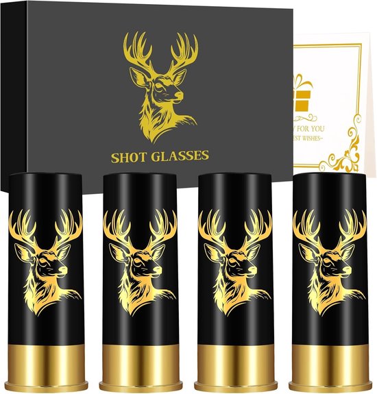 Vier zwarte shotglaasjes met gouden hertenprint in een geschenkdoos met cadeaubon.