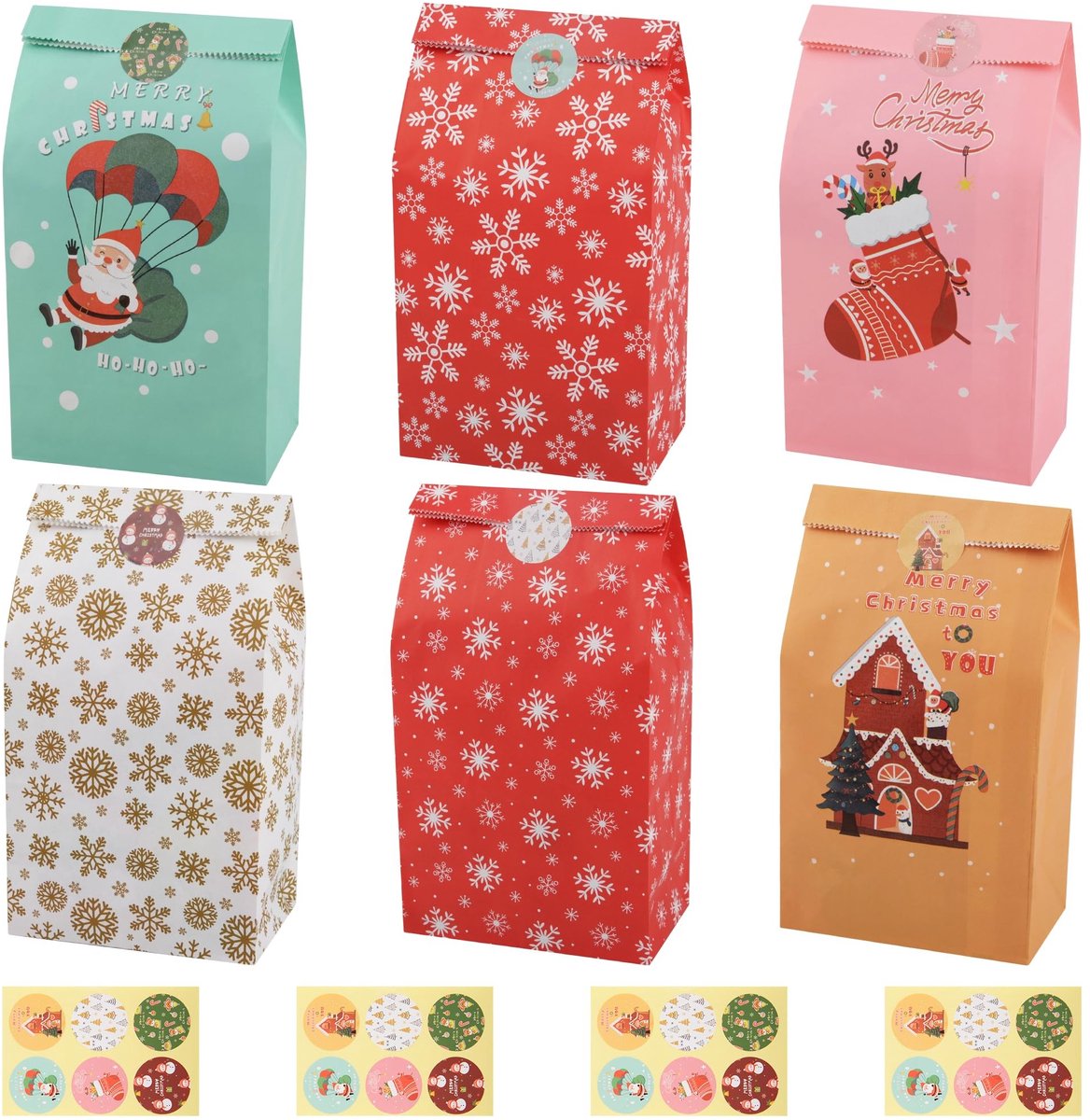 Solidchoice - Set van 24 Kerst Geschenkzakken van Kraftpapier met Stickers