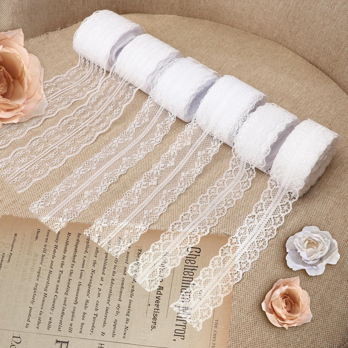 Solidchoice - 6 Rollen Vintage Kantlint in Wit voor Creatief Gebruik