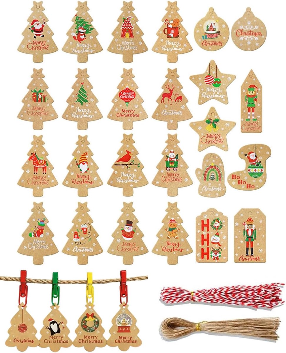 Kerstcadeauetiketten 100 stuks - 25 designs - kraftpapier - perfect voor kerstcadeaus - ShopVlot