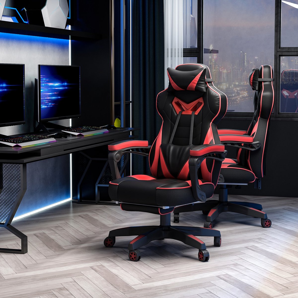 OKWISH Gamingstoel Bureaustoel 65 x 70 x 118,5-128,5 cm – Hoogteverstelbaar Met Massagefunctie, Hoofdsteun En Voetensteun – Voor Thuiswerk En Gaming – Kunstleer – Zwart Rood