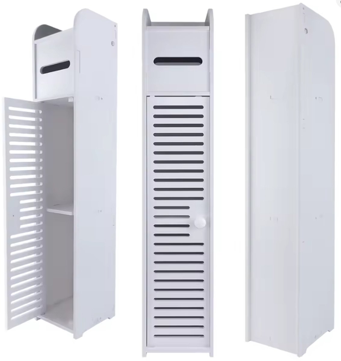 Smalle Badkamerkast 81x16x16 cm – Waterdichte Hoekkast met Deur & Planken – Vrijstaande Opbergkast voor Badkamer, Toilet, Keuken en Kleine Ruimtes