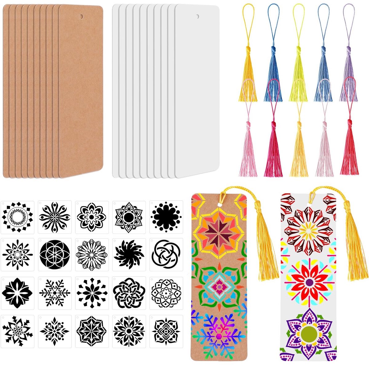 Solidchoice - Set van 20 Lege Boekenleggers met Mandala Stencils en Penselen