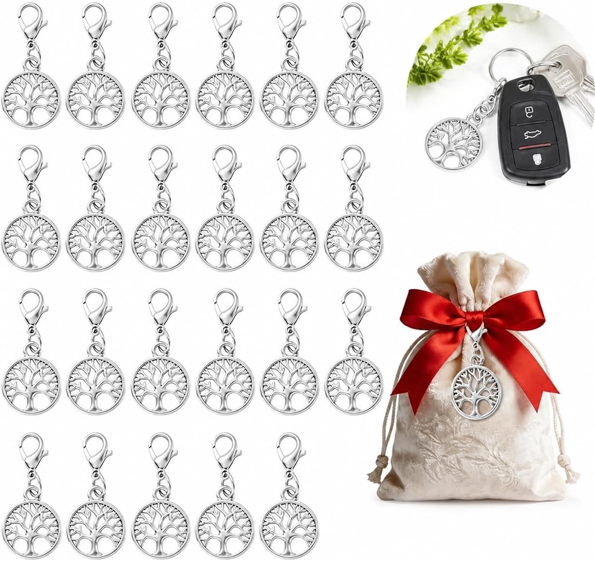 Sleutelhanger met levensboom - 24 stuks - metalen karabijnhaak - decoratief geschenk voor bruiloften - ShopVlot