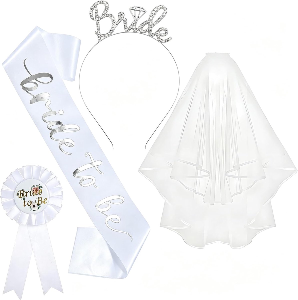 Accessoire set voor bruid - 4-delig in wit en zilver - inclusief haarband, sluier, sjerp en speld - ShopVlot
