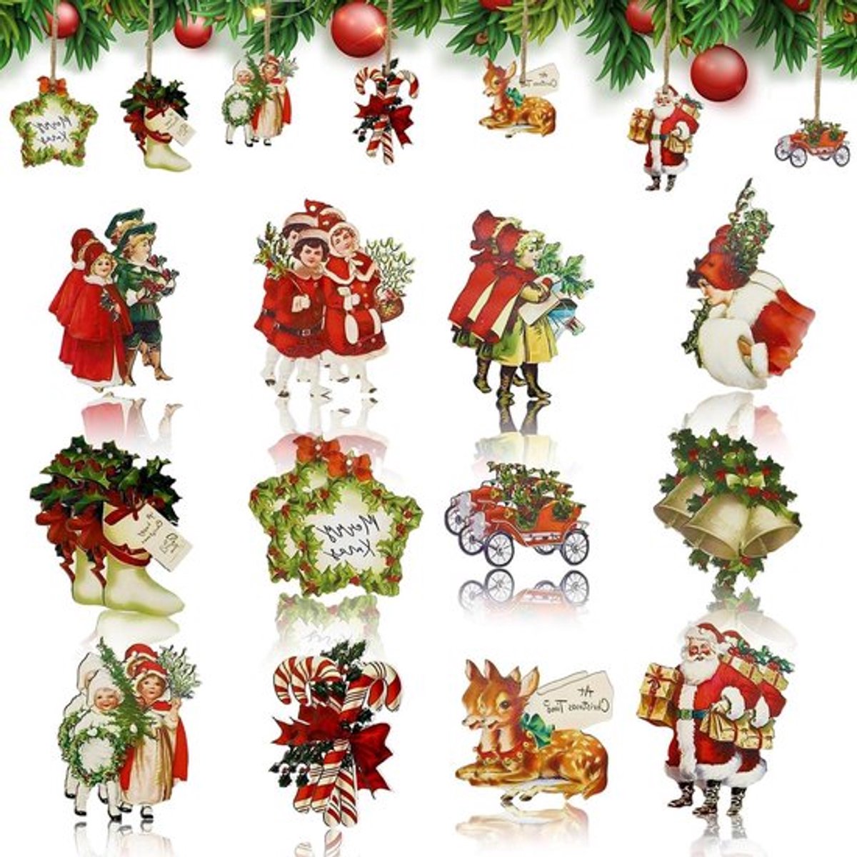24 stuks Victoriaanse kerstboomdecoraties in retro stijl - Kersthangers voor een sfeervolle boom - Vakantie kerstfeest decoraties