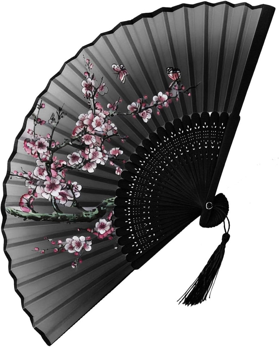 Handfan opvouwbaar - stoffen handfan met pruimenbloem - ideaal voor feesten en dansen - ShopVlot
