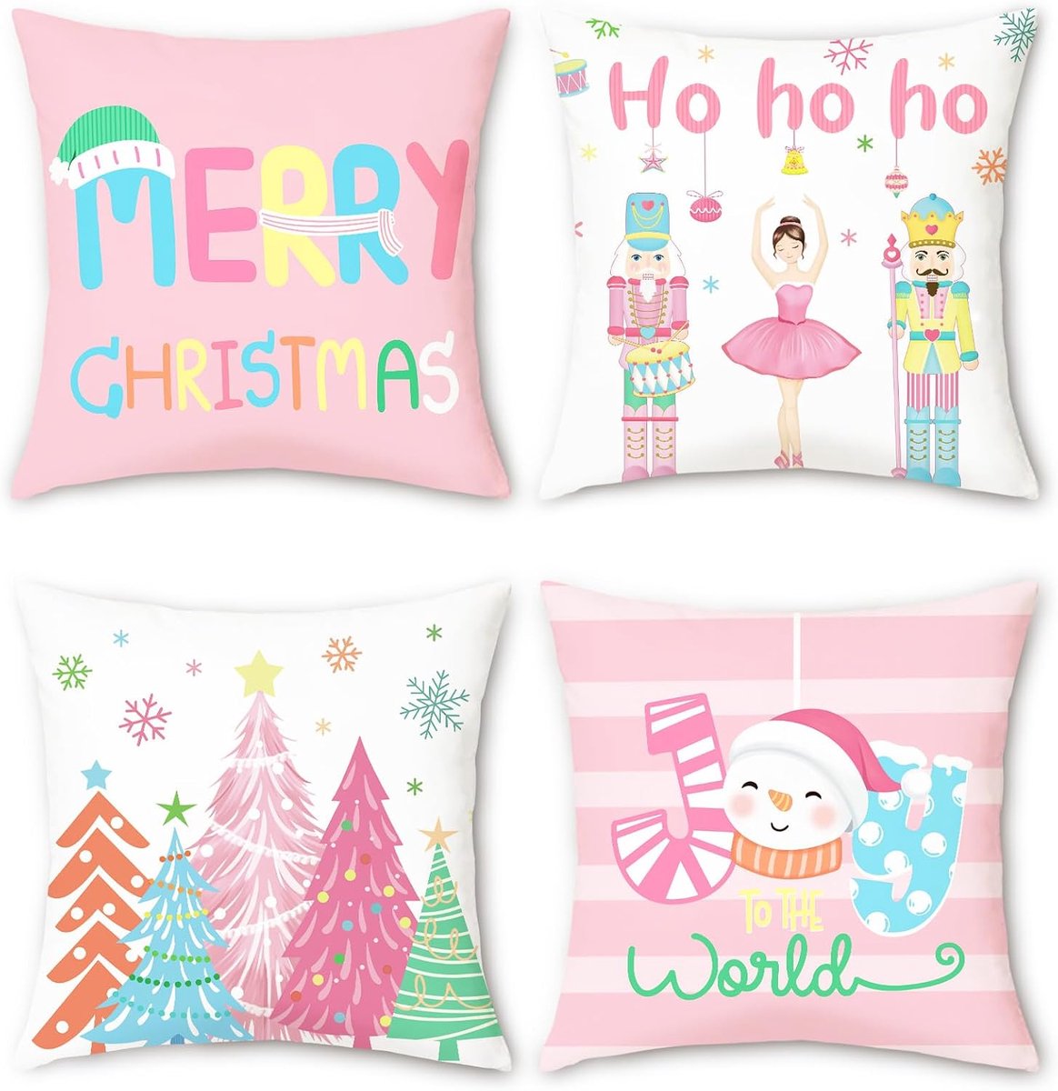 Kussenhoezen 45 x 45 cm - Kerstdesign - Roze met notenkrakers en sneeuwvlokken - Perfect voor winterse decoratie - ShopVlot