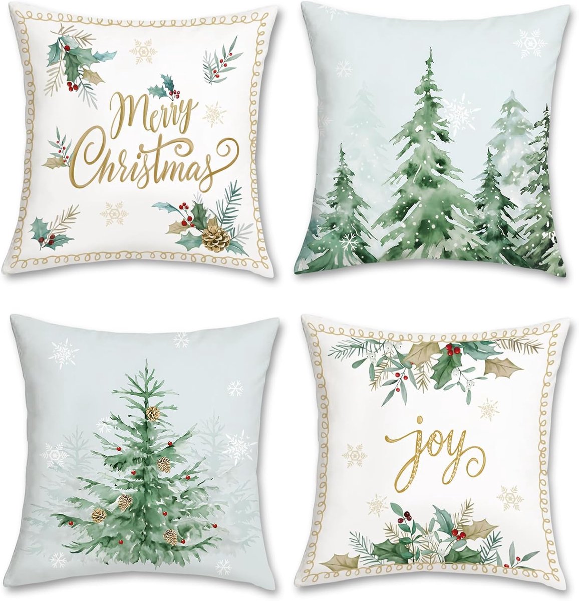 Decoratieve Kussenhoezen 45x45cm - Groene Dennenboom en Sneeuwvlokken - Zachte Velvet Kussens voor Kerstdecoratie - ShopVlot
