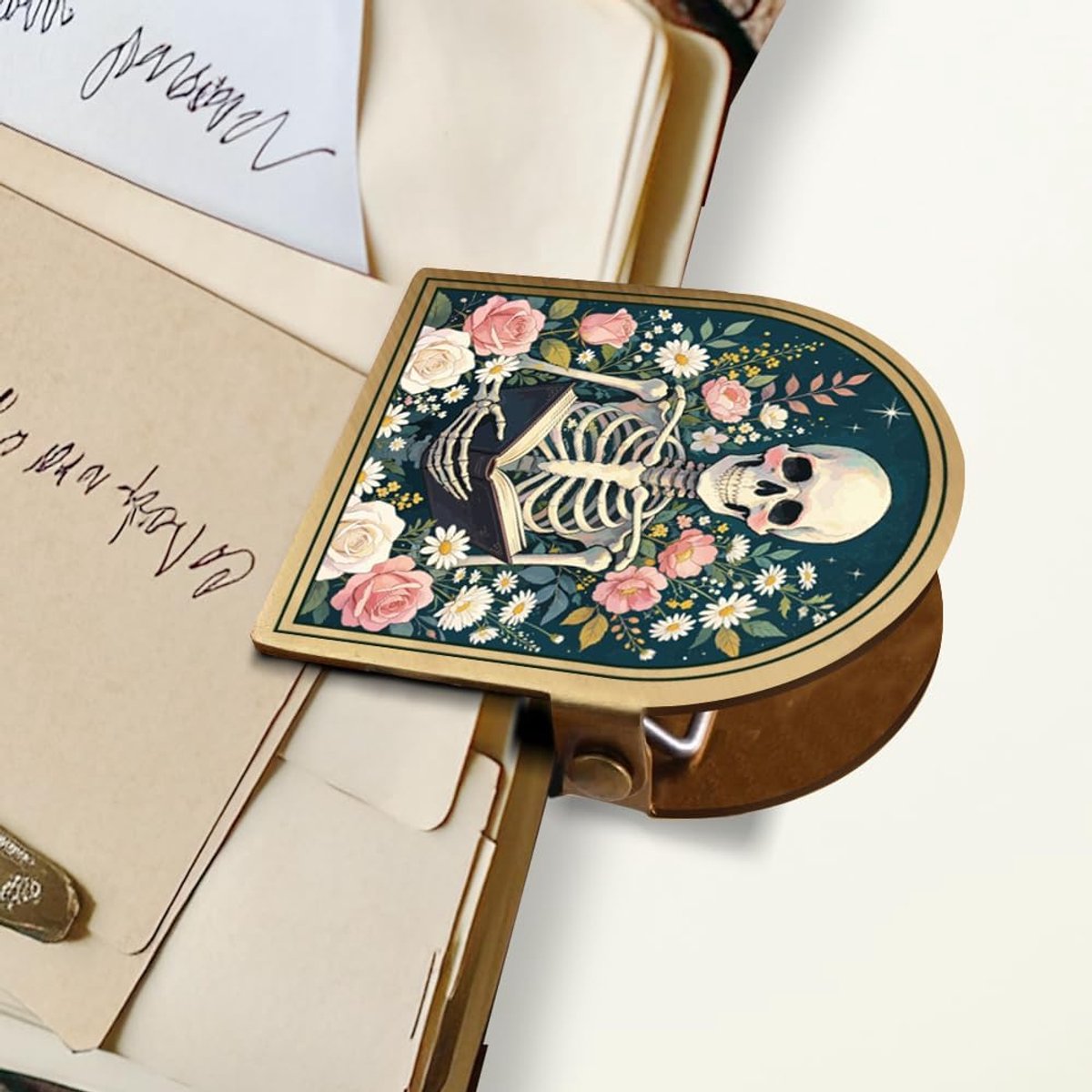 Reisdagboek clip leesschedel 4,5 x 4 x 2,7 cm - antiek brons - vintage decoratief - ideaal voor journaling - ShopVlot