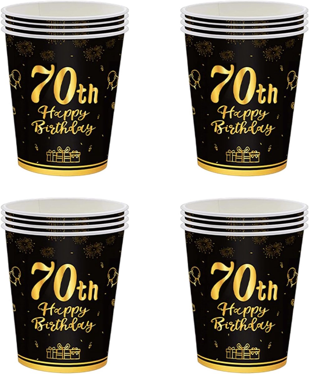 Papieren bekers 9 oz - zwart goud - 70ste verjaardag - feestdecoratie voor 16 gasten - ShopVlot