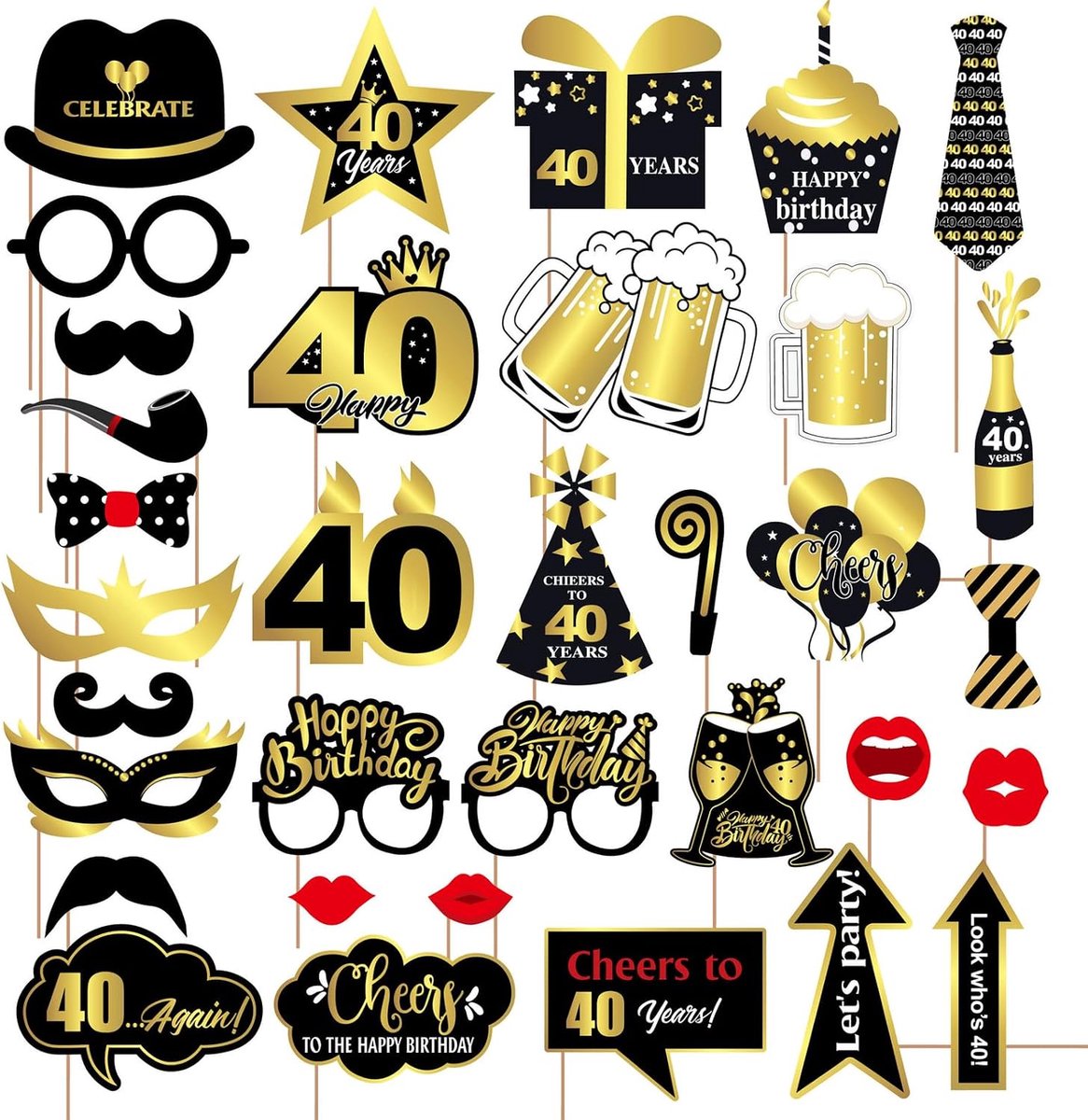 Fotocall set 34-delig - zwart en goud - grappige accessoires - voor 40e verjaardag - ShopVlot