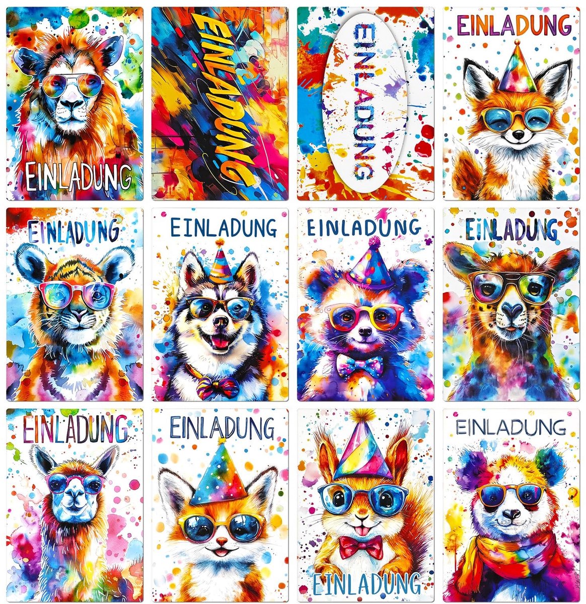 Solidchoice - Set van 12 Kinderuitnodigingen met Schattige Dierenpatronen