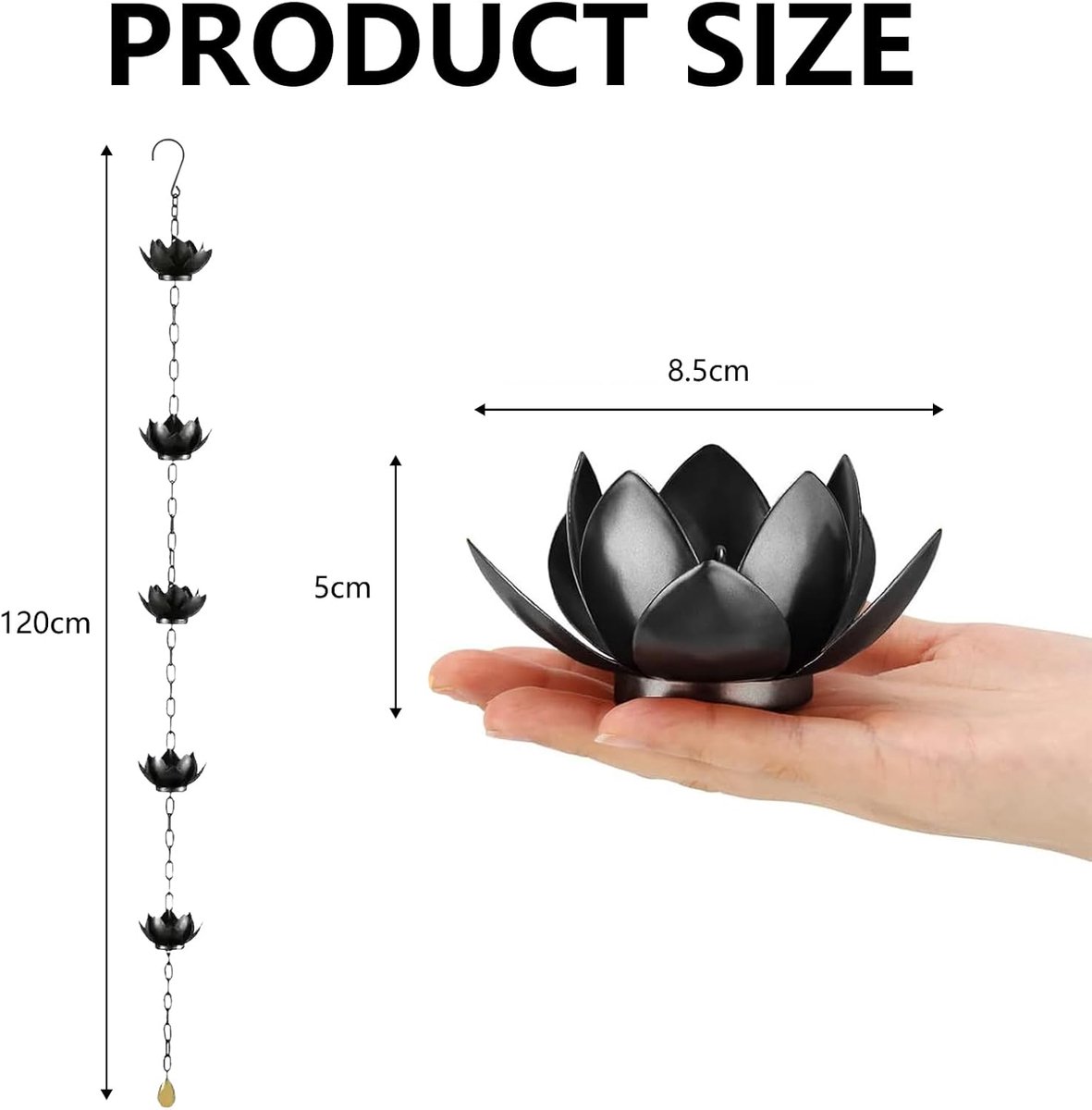 Rain Chain 1.2m Zwart - Imitatie Waterlelie van IJzer - Elegant Design - Efficiënte Waterafvoer - ShopVlot