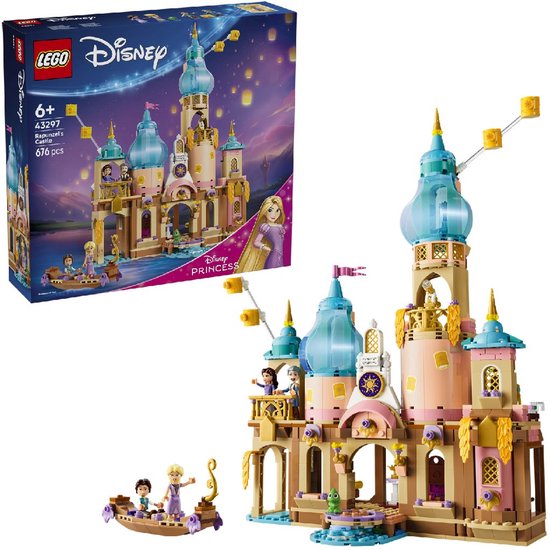 LEGO Disney Princess Rapunzels Kasteel met boot, 5 figuren, torens, prinses Rapunzel en Pascal de kameleon.
