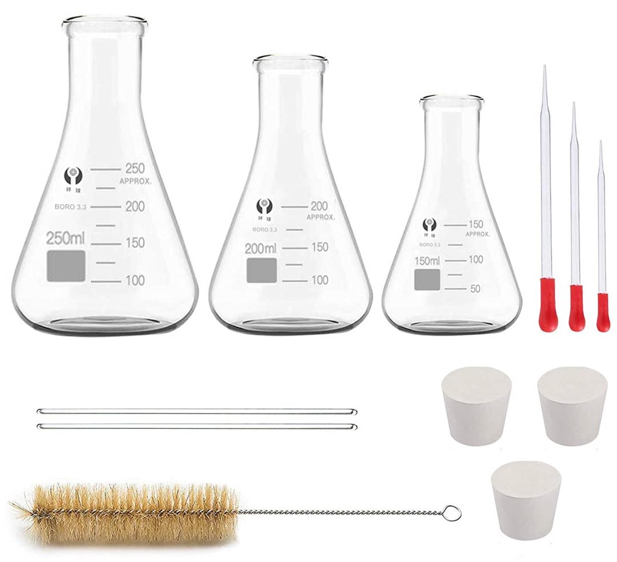 Erlenmeyer Flask Set - Heavy Borosilicate Glass Wall Bottle with Rubber Stopper (250 ml, 200 ml, 150 ml), 3 Droppers - ShopVlot