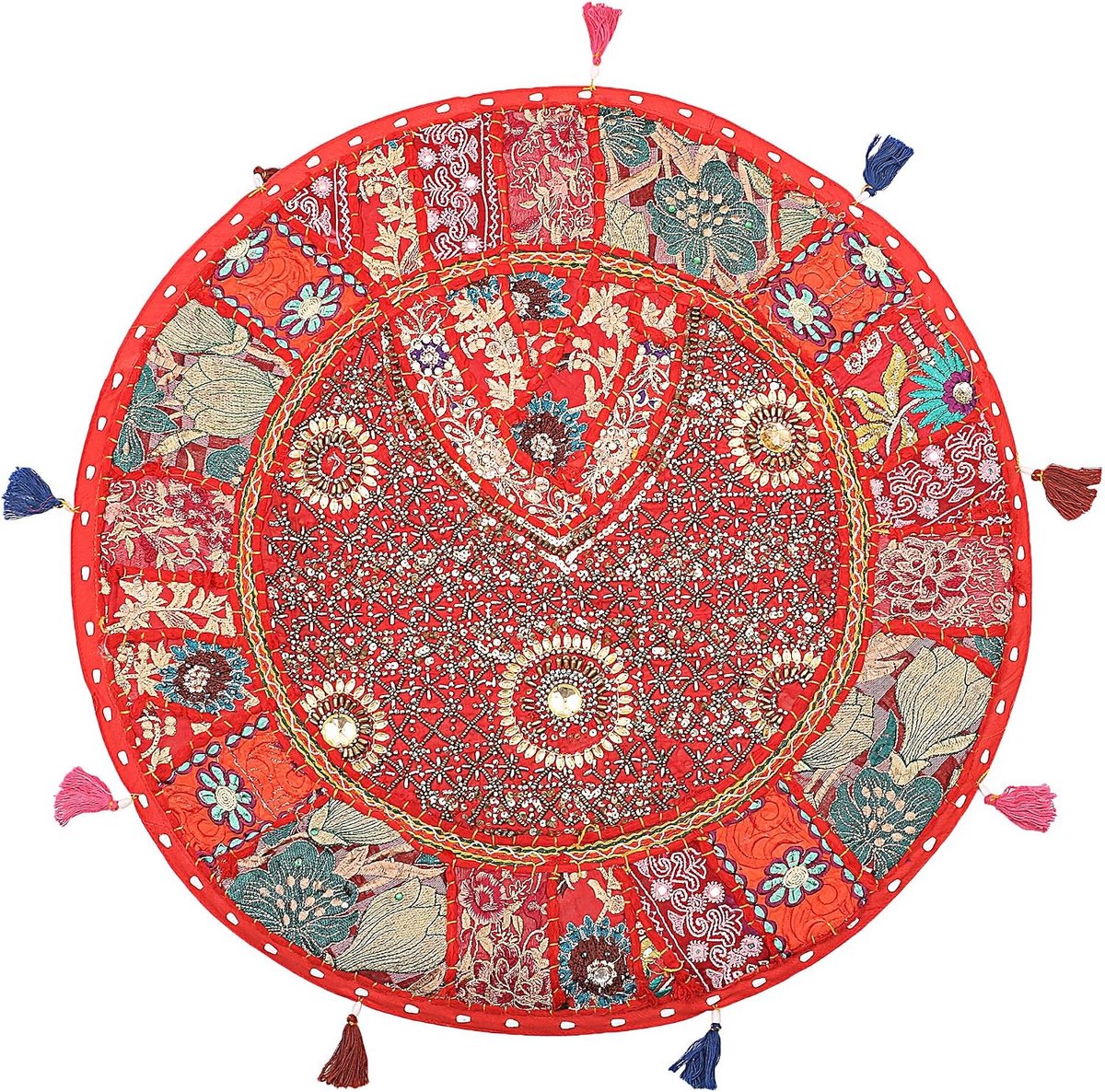 Decorative Round Floor Cushion Chair Scatter Cushion Cover Red 55cmx55cm Vintage Patchwork Living Room Boho Elegant 22 - ShopVlot