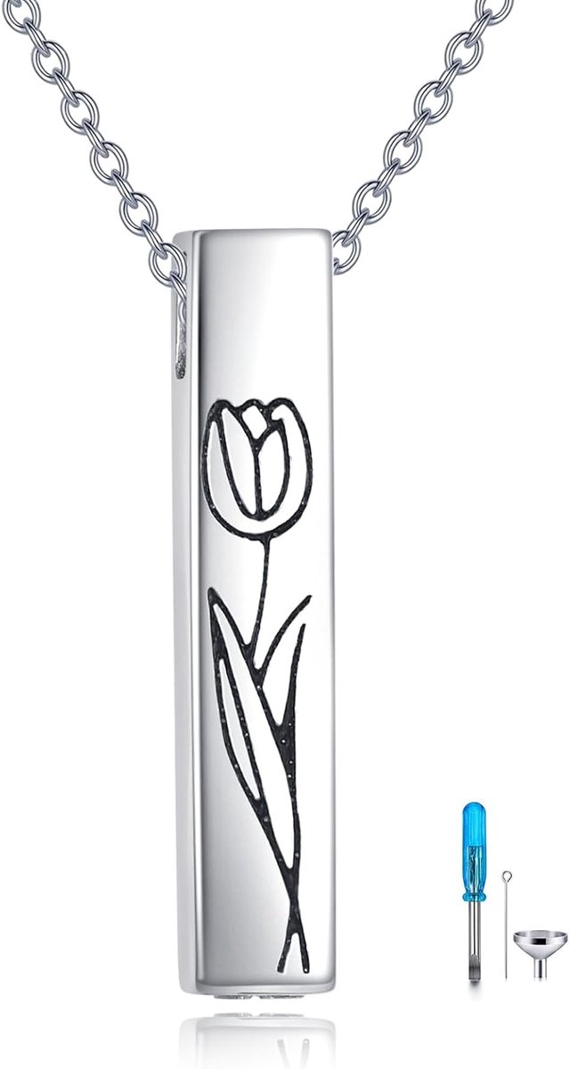 URONE Urn Necklace for Ash Sterling Silver Tulip 3D Vertical Bar Memorial Necklace Pendant for Lovers Cremation - ShopVlot