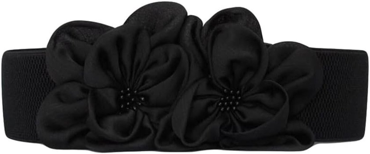 Chiffon Flower Elastic Belt for Women Stretch Wide Waistband Decorative Dress Belts, Black - ShopVlot