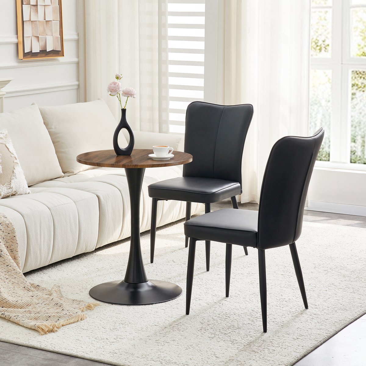 COVREO Set tafel en stoelen 60 cm zwart, MDF met 2 PU stoelen en metalen frame