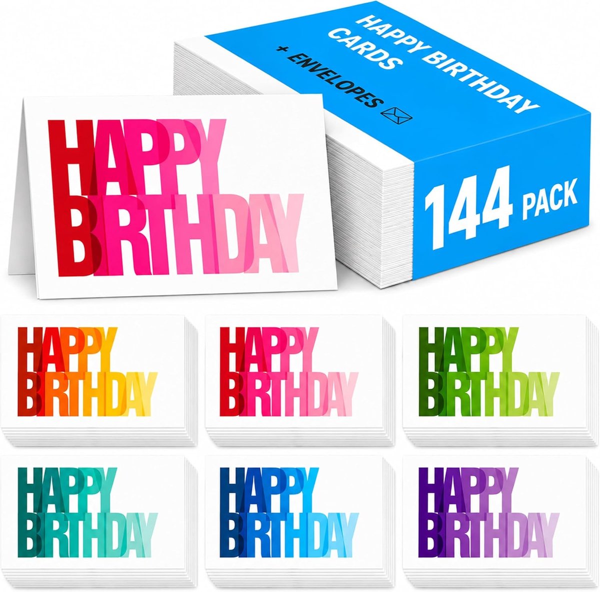 Verjaardagskaarten Set (144-Pack) - 6 Kleurrijke Ombre Ontwerpen - Blanco Binnenin, Enveloppen Inbegrepen - ShopVlot