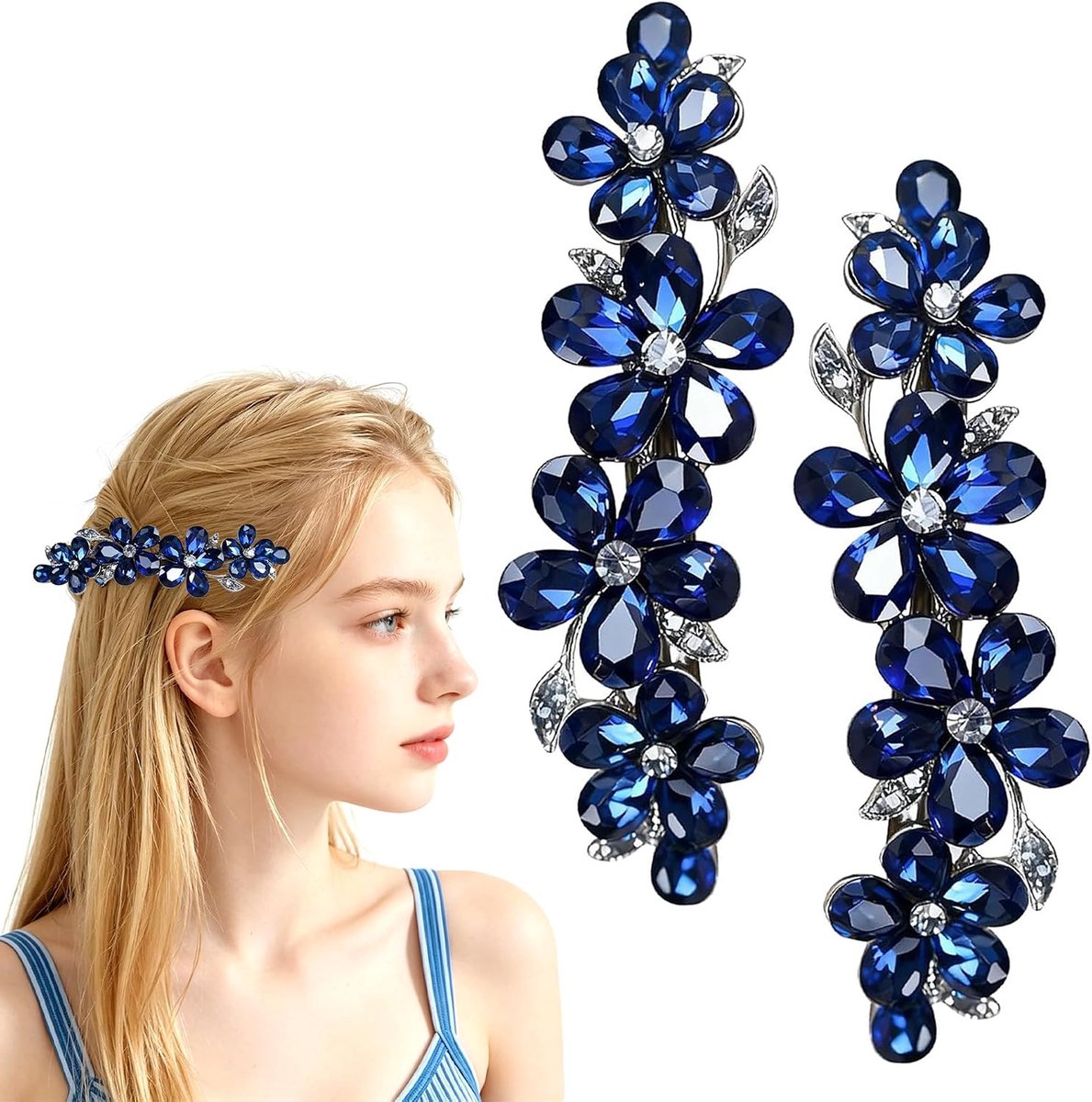 Set van 2 middelgrote 7 cm holle haarclips met bloemenlente, marineblauwe strass haaraccessoires met veilige grip - ShopVlot