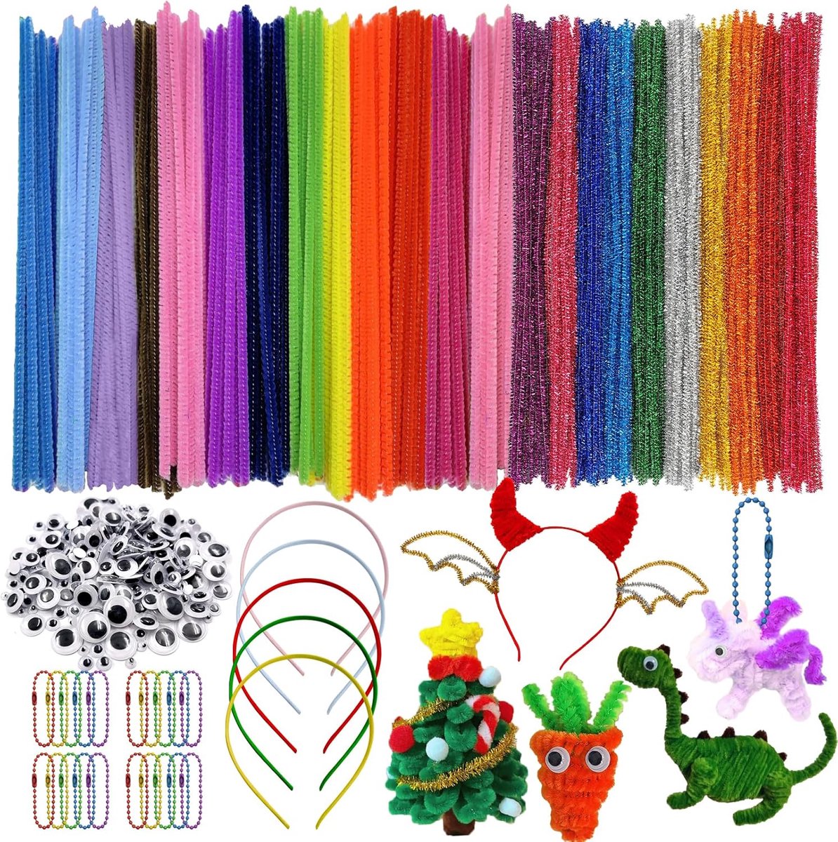 SNAIL GARDEN 525 Pcs Pipe Cleaners Set, 300 Pcs Pipe Cleaners with 200 Pcs Wobbling Goolgly Eyes, 5 Pcs Headbands and - ShopVlot
