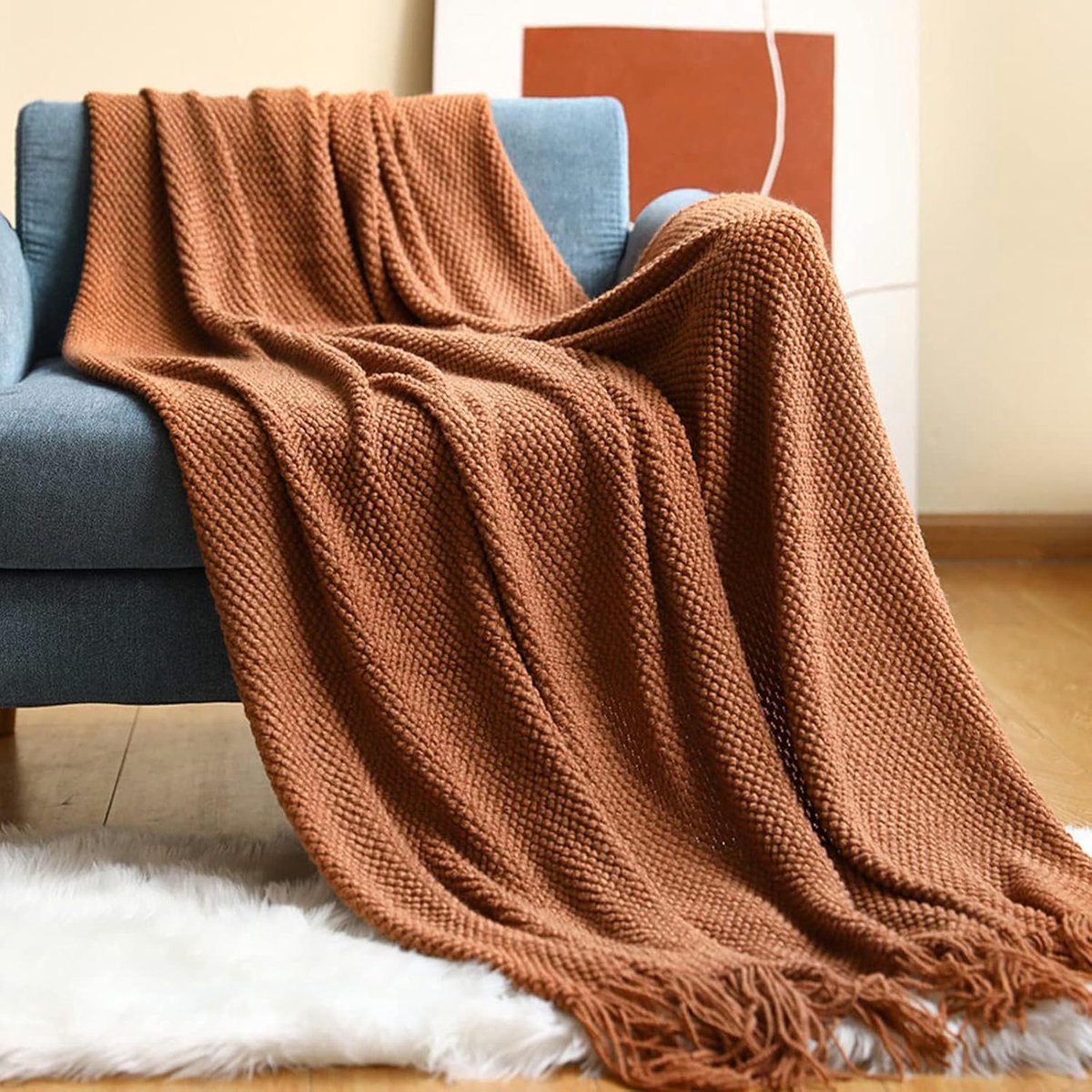 LumiSyne Knitted Throw Blanket With Tassel Solid Color Grain Texture Cozy Fluffy Warm Soft Throw Decorative Blankets - ShopVlot