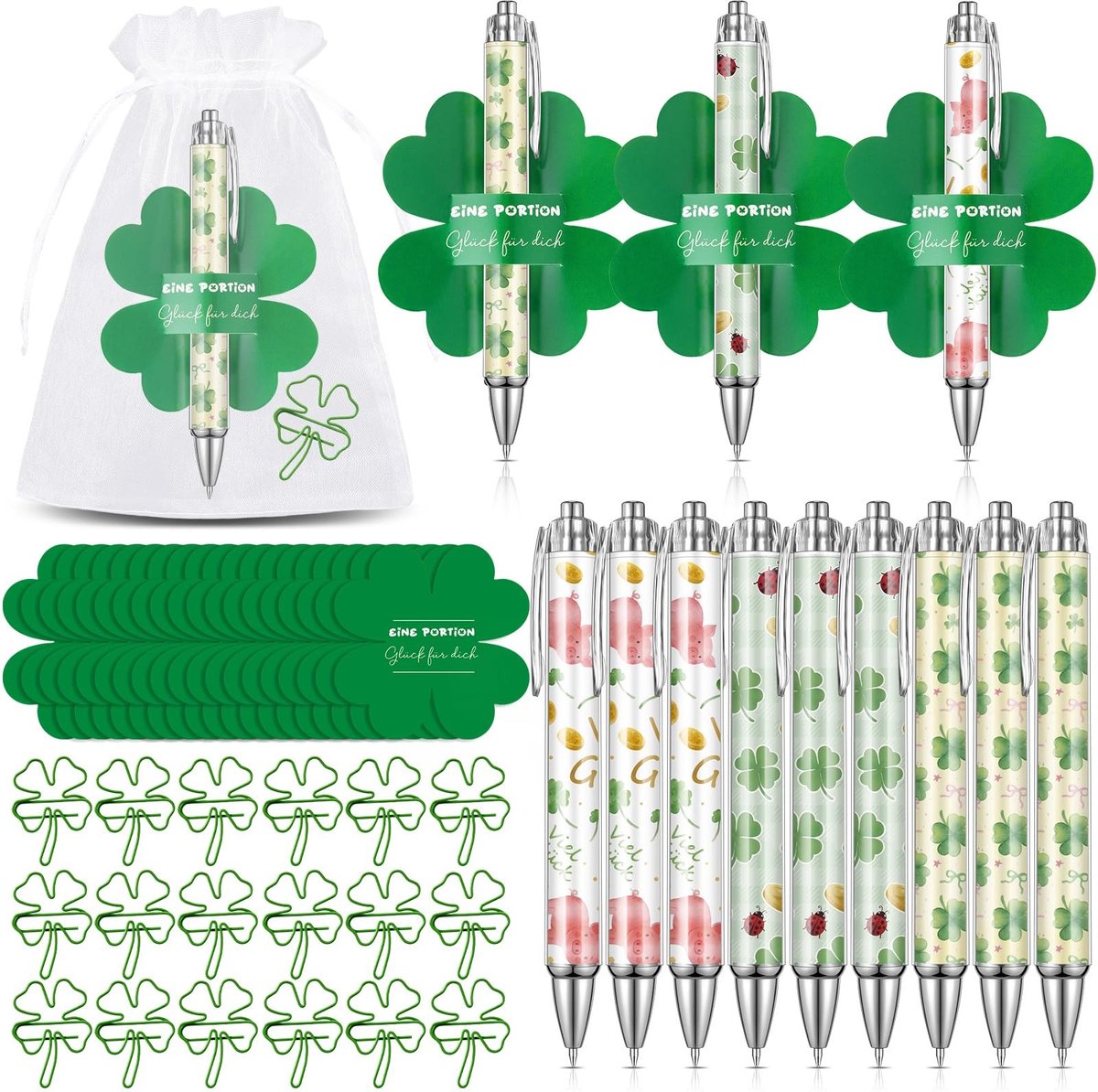 Solidchoice - 24-delige Gelukspen Set met Klavertje Vier en Paperclips