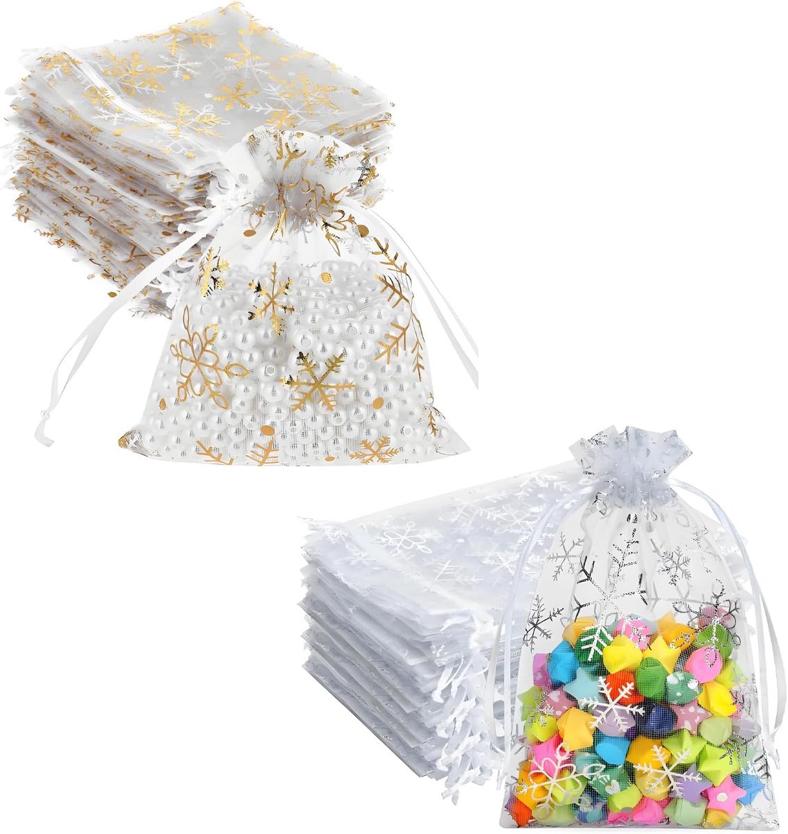 organzazakjes 9 x 12 cm - witte organzazakjes - sneeuwvlokmotief - perfect voor bruiloften - ShopVlot