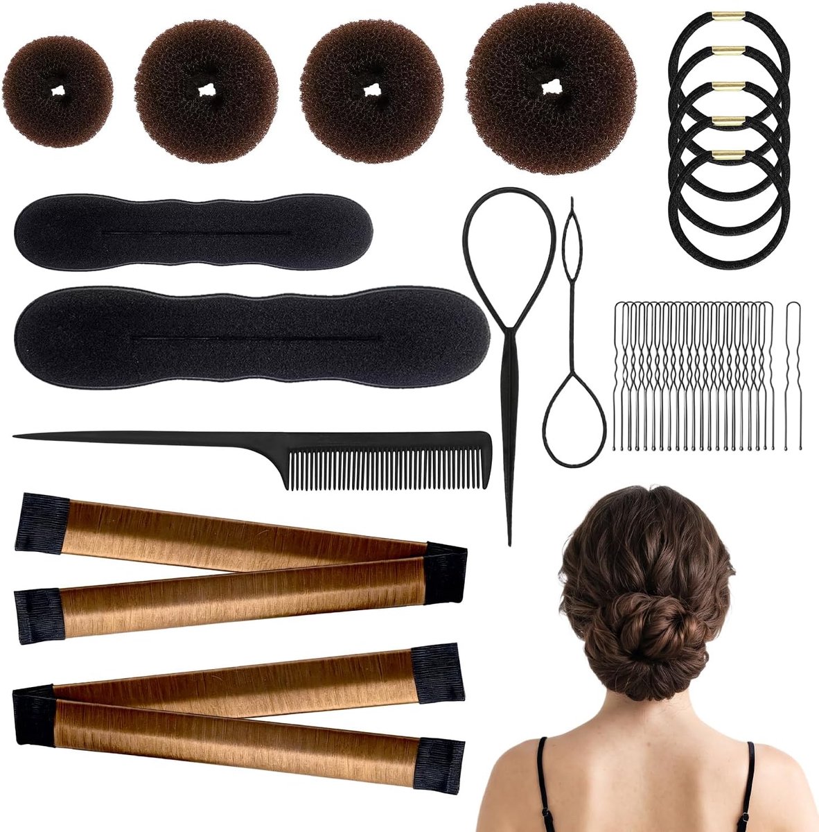 Knotkapper set 36-delig - bruine haarrollers - complete haarstylingsset - ideaal voor trendy knotten - ShopVlot