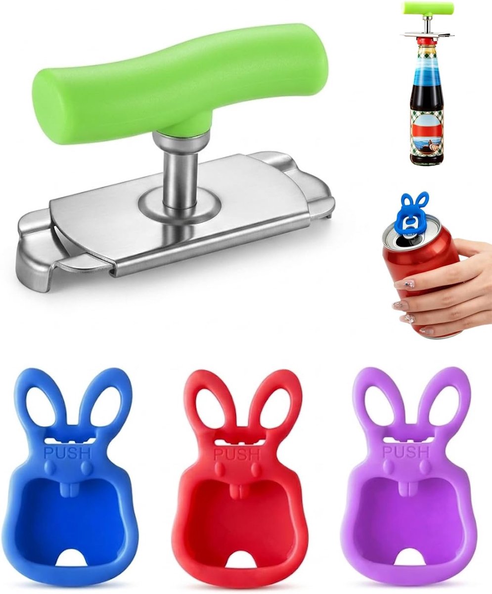 Multifunctionele blikopener 4-delige set - handmatig - groen - moeiteloos openen bij artritis - ShopVlot