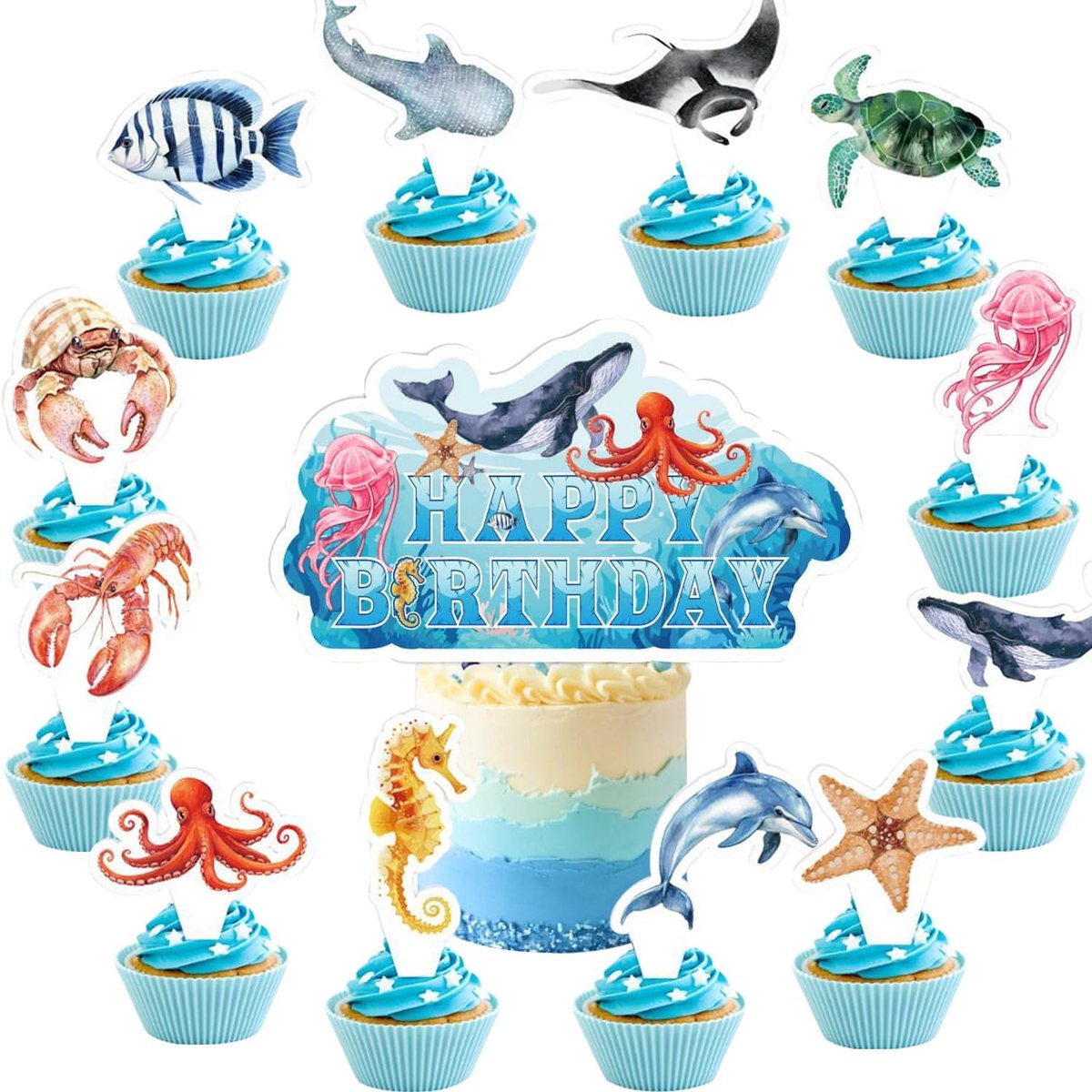 Oceaan cupcake-decoratie 13 stuks - karton - zeedieren thema - perfect voor onderwater verjaardag - ShopVlot