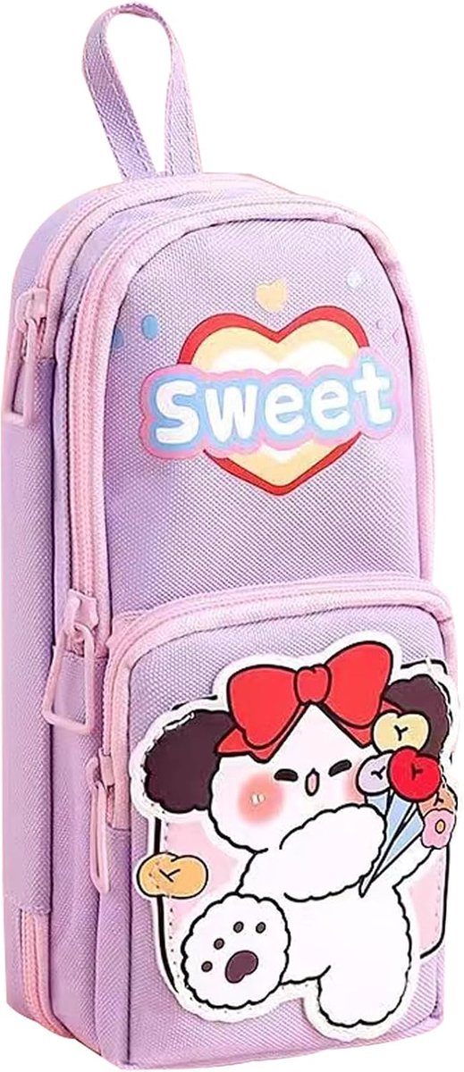 pennenetui meisjesbeer 3-laags - paars canvas - grote capaciteit - ideaal voor school - ShopVlot