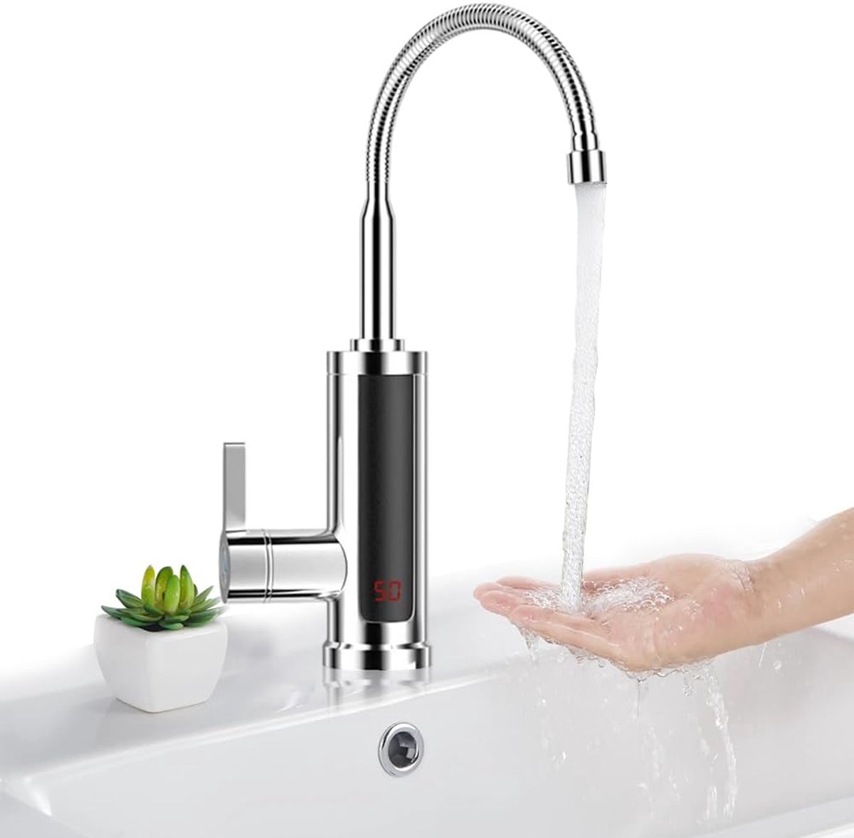 Waterkraan met doorstromingswaterverwarmer 3000 W - Polished nickel - 360 graden rotatie - ShopVlot