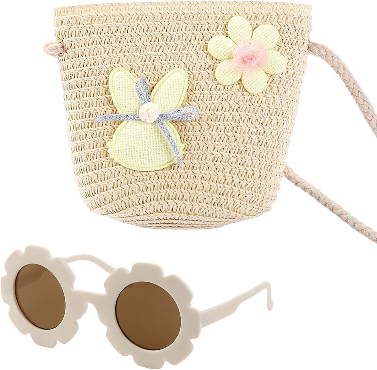 Crossbody tas voor meisjes - schattige peuter handtas met bloemen zonnebril - verstelbare gevlochten portemonnee - ShopVlot