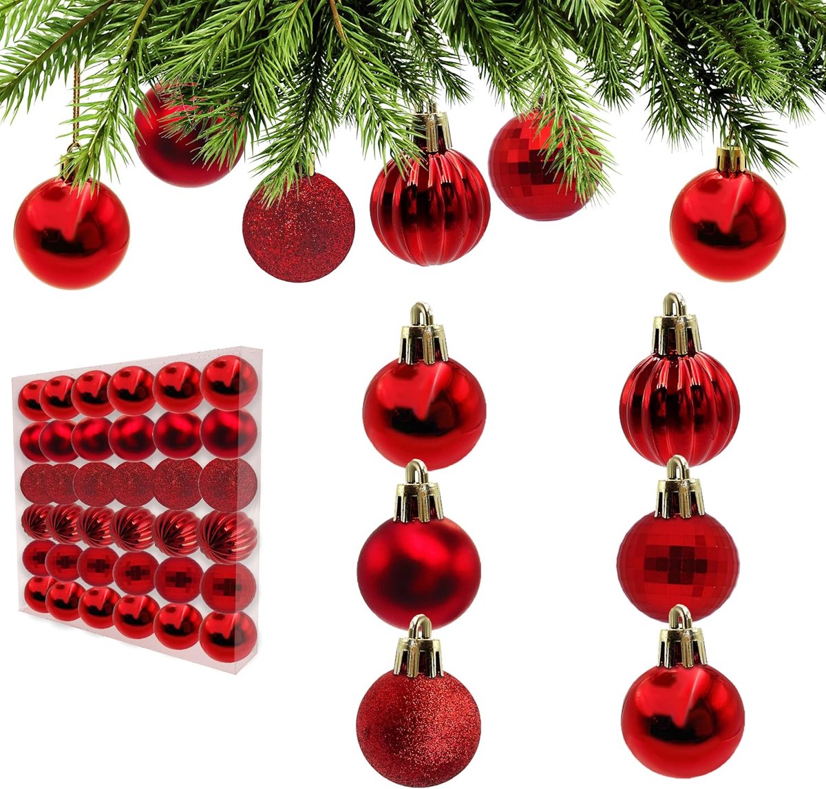 Kerstballen 36 Stuks Rood - Shatterproof 30 mm - 5 Unieke Afwerkingen - Veilig voor Kinderen en Huisdieren - ShopVlot