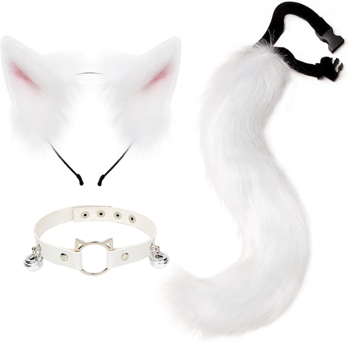 Furry animals kostuumset - faux fur wolf oren - kattenstaart en leren ketting - perfect voor Halloween feest - ShopVlot