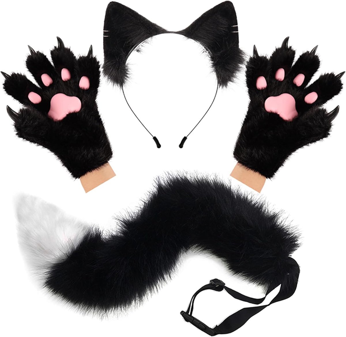Furry Paws Handschoenen Set - Fluffy Faux Fur - Kattenoren Hoofdband - Perfect voor Halloween en Cosplay - ShopVlot