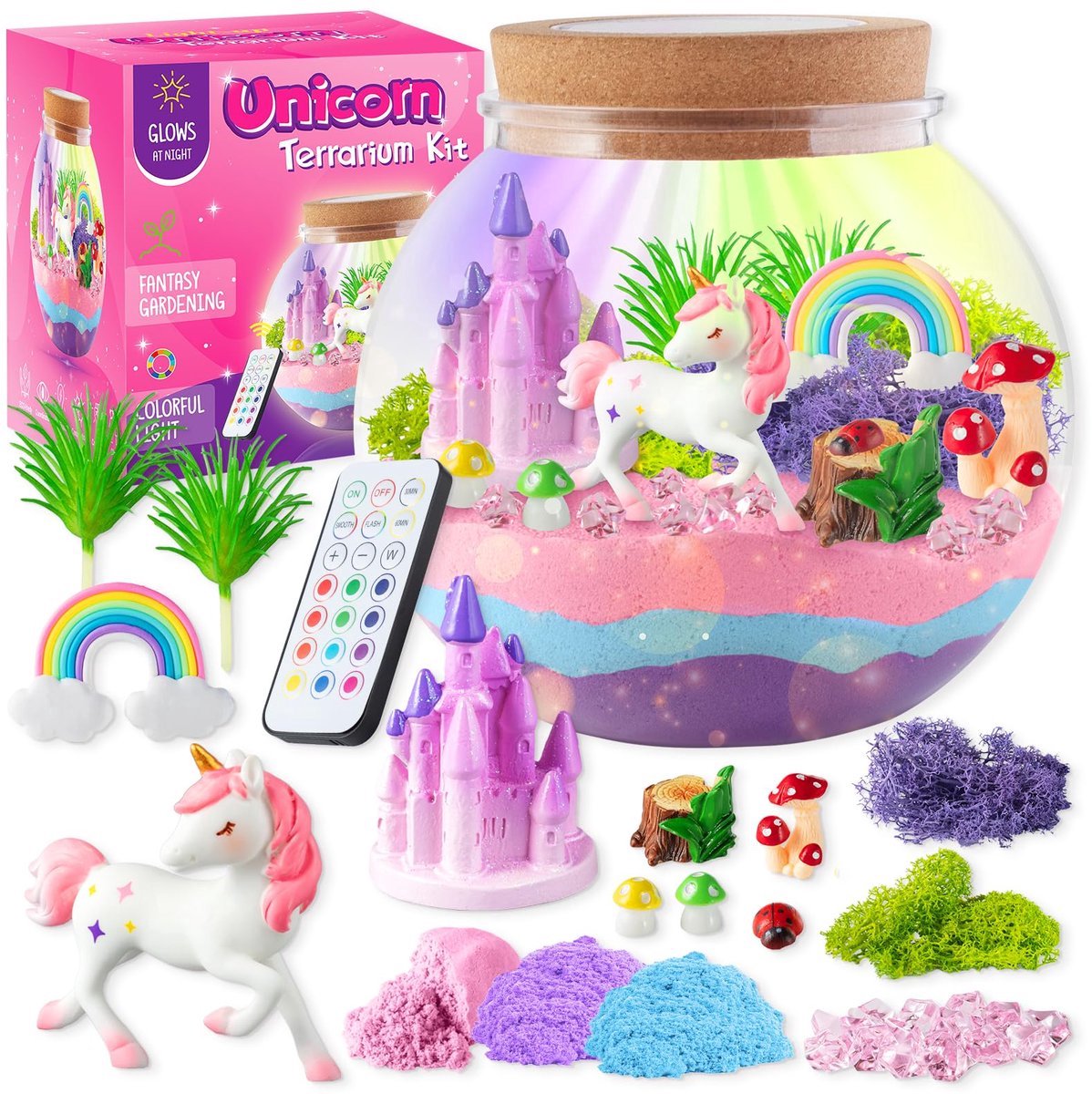 Casalora Unicorn Verlicht Terrarium Set Voor Kinderen - LED Nachtlampje - DIY Knutselset Voor Meisjes 4-12 Jaar