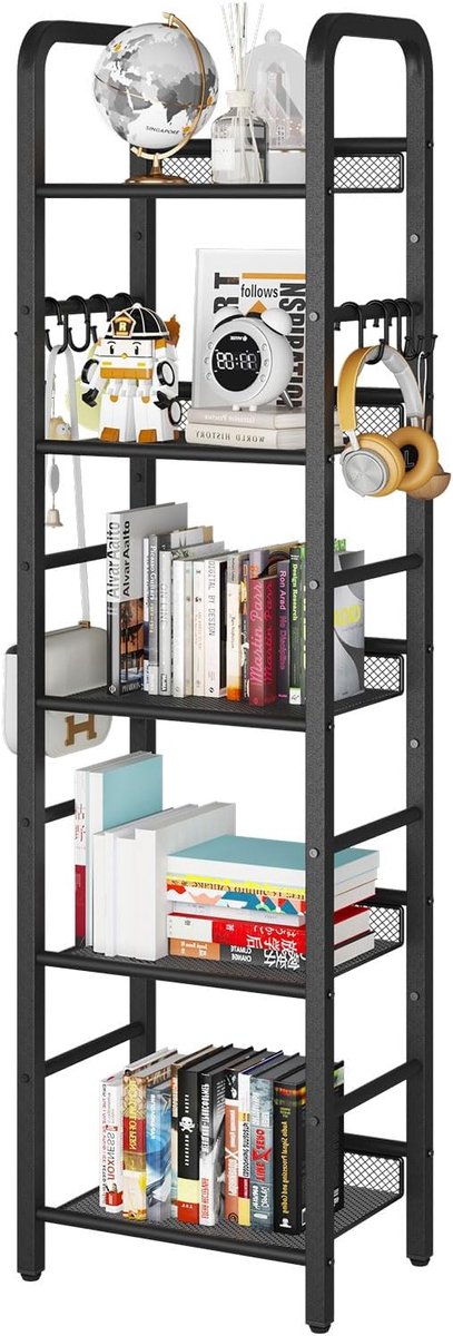 Boekenkast Hoek – 5 Niveaus – Metalen Opbergrek – Ruimtebesparend Design – Plantenrek – Zwart – 146 cm