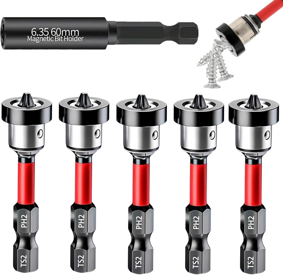 Kruisschroevendraaierbits S2 PH2 - 5-delige set met aluminium magneetring - stoot- en buigbestendig - ShopVlot