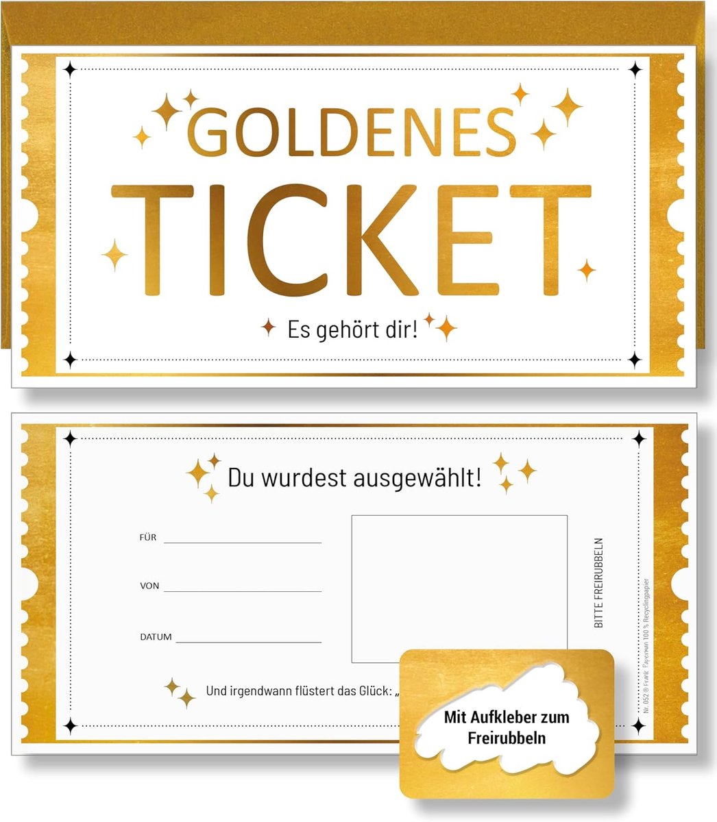 Gouden ticket met envelop en krasstickers - 3 sets - 100% gerecycled papier - leuk voor verrassingen - ShopVlot