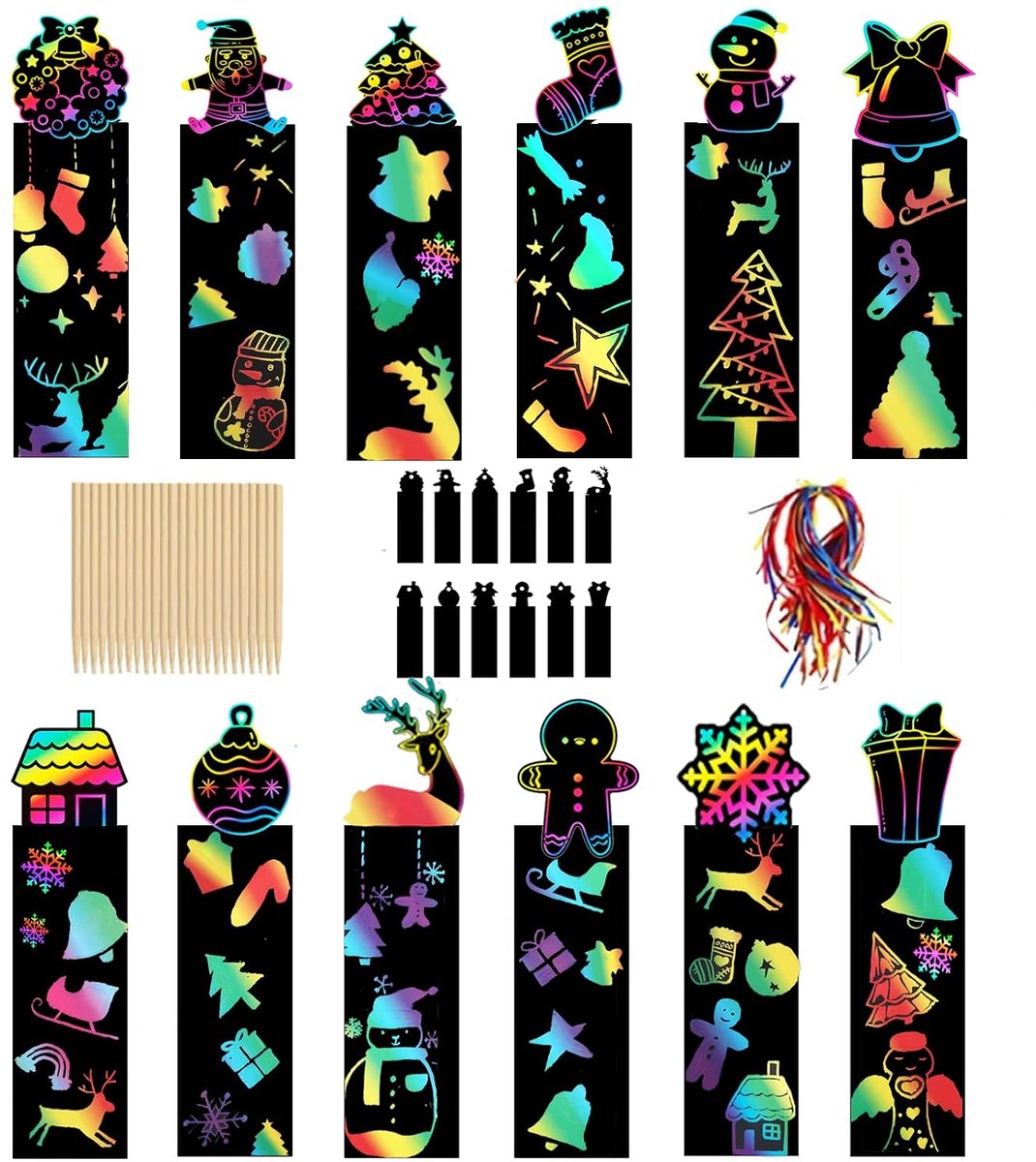 Kerst krasplaatjes voor kinderen - set van 24 - met houten markers en linten - ideaal als persoonlijk cadeau - ShopVlot