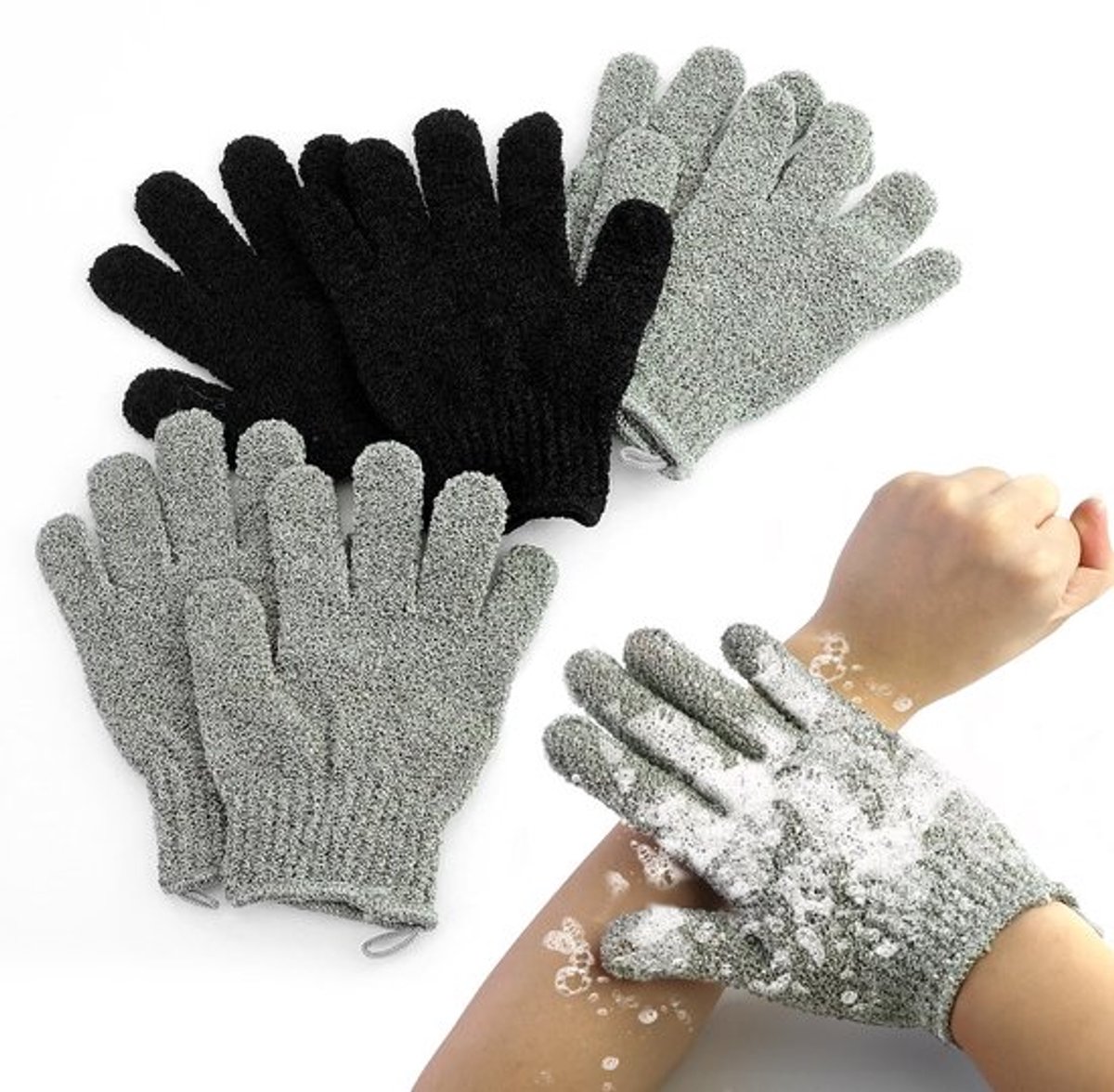 Peelinghandschoenen Set van 6 - Badhandschoenen - Douchehandschoenen - Spa/Massage - Hoogwaardig Polyester - Vijfvingerontwerp