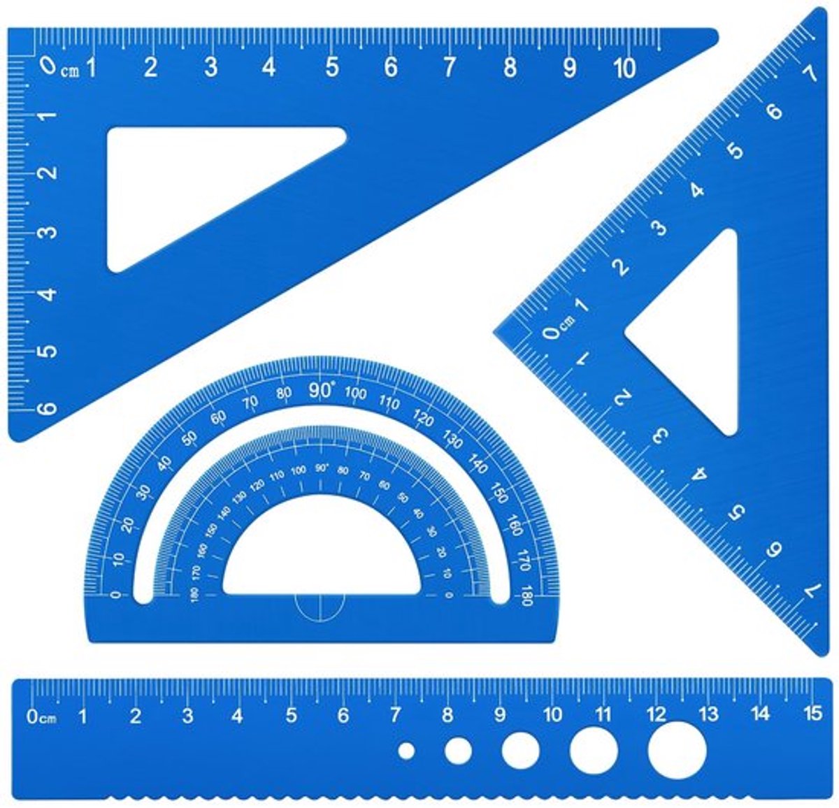 Liniaal 15 cm - Geometrieset 4-delig - Hoekmeter - Driehoek 45°/60° - Robuuste aluminiumlegering - Breukvast en lichtgewicht